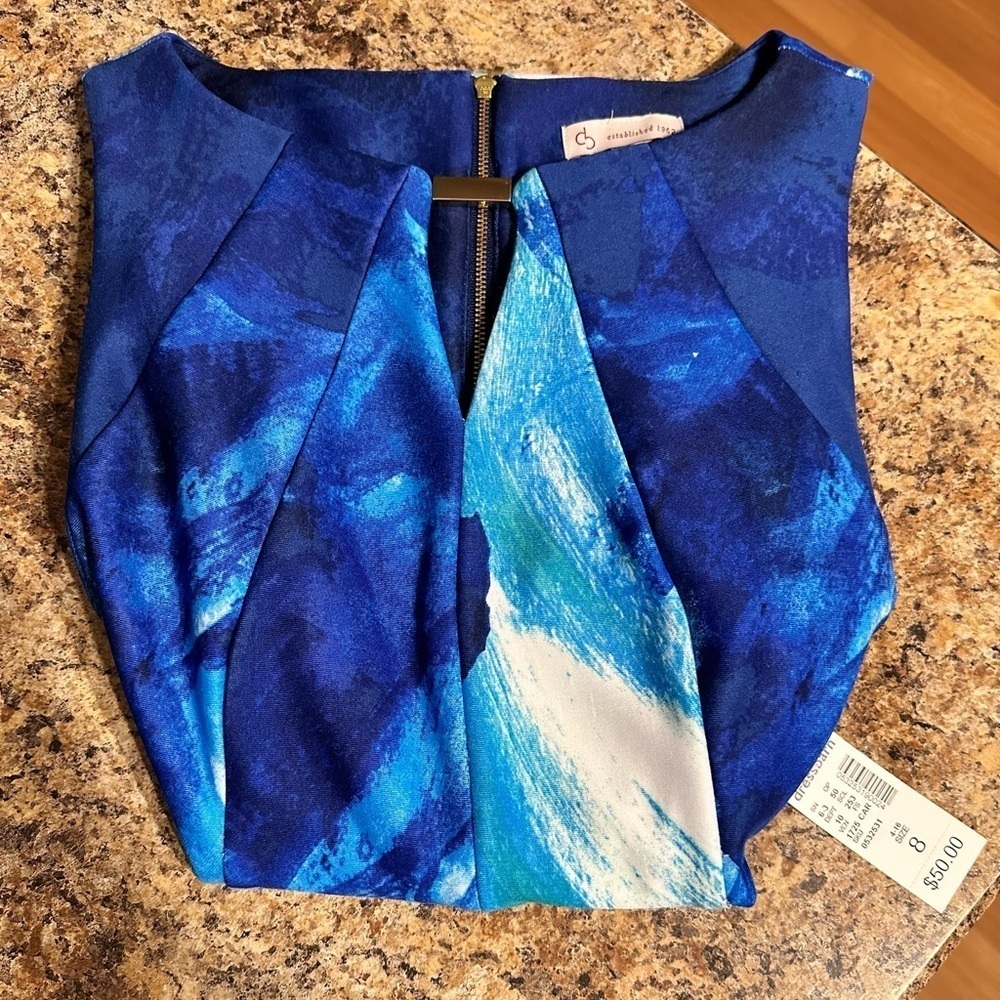 CB Established 1962 Aqua Blue Watercolor Fit And Flare Zip Up Dress Size 8 - Picture 13 of 16